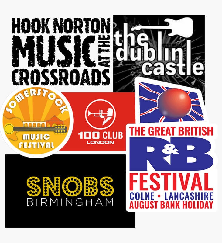 Logos of venues and festivals Get Loose have played: Hook Norton Music at the Crossroads, The Dublin Castle, Somerstock Music Festival, 100 Club London, The Great British R&B Festival and Snobs Birmingham